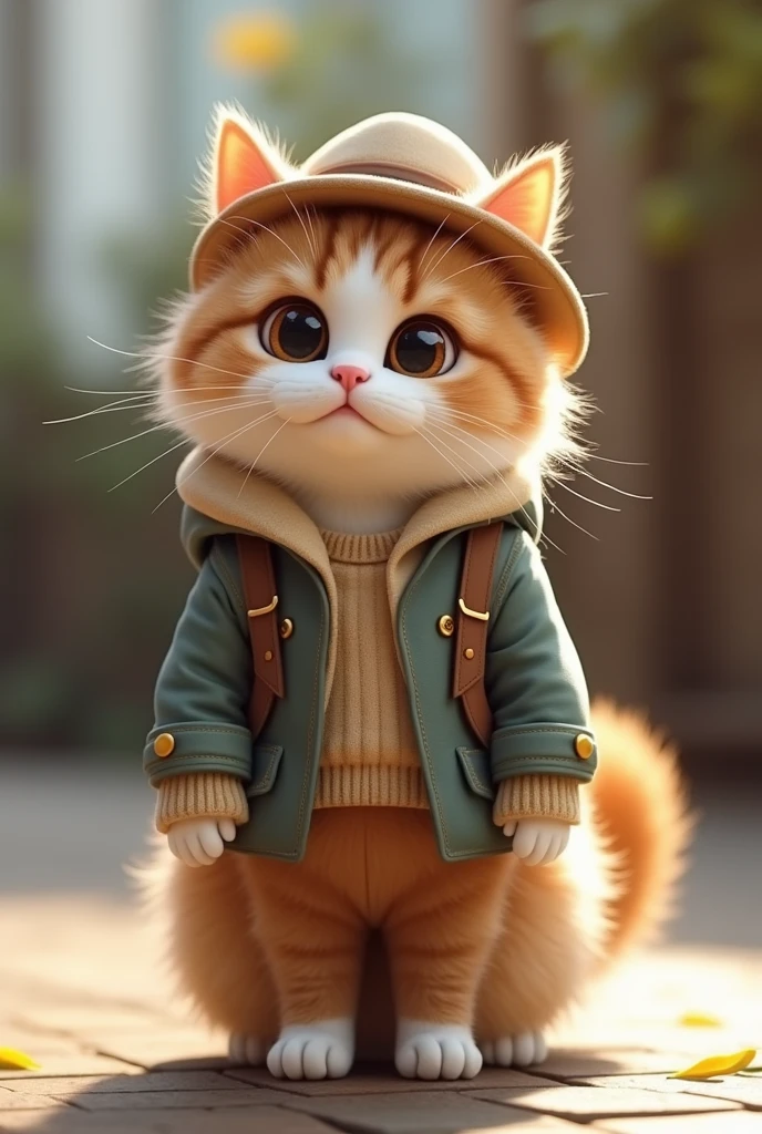 "Realistic and cute cat standing on its hind legs, Face directly ahead, She's wearing a cute outfit and a matching hat. The cat has soft fur with a mixture of white and light brown spots.. Stylish and attractive clothing, Increase the cuteness of your cat. The background is simple and slightly blurred.、Focus on the cat. The lighting is natural, Adds softness to fur and clothing, Warm glow. Cats are playful、Has a friendly look, big, Round eyes staring straight ahead."