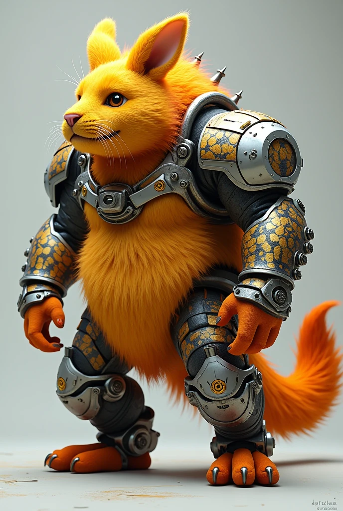 The beast was as large as an elephant.


It stood about three meters tall. Its sturdy limbs resembled those of a big cat, but its head looked like a furry bulldog, with floppy rabbit-like ears.

Its coarse fur covering its entire body transitioned from a bright yellow to orange, akin to flames.

However, strangely enough, it was covered in irregularly sized metallic scales that seemed to seep out from between its fur. The dense covering on its back resembled either an armadillo’s shell or the armor plating of an animal-type combat robot. Its thick tail covered in armor was nothing less than a deadly weapon.


Around its head, metallic parts rose significantly, resembling either devil’s horns or a crown, 
