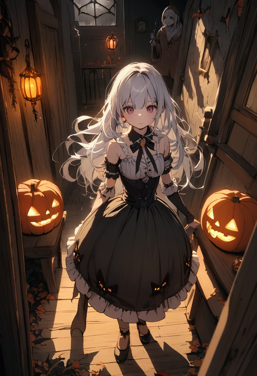Halloween A witch with long silver hair The background is a haunted house.