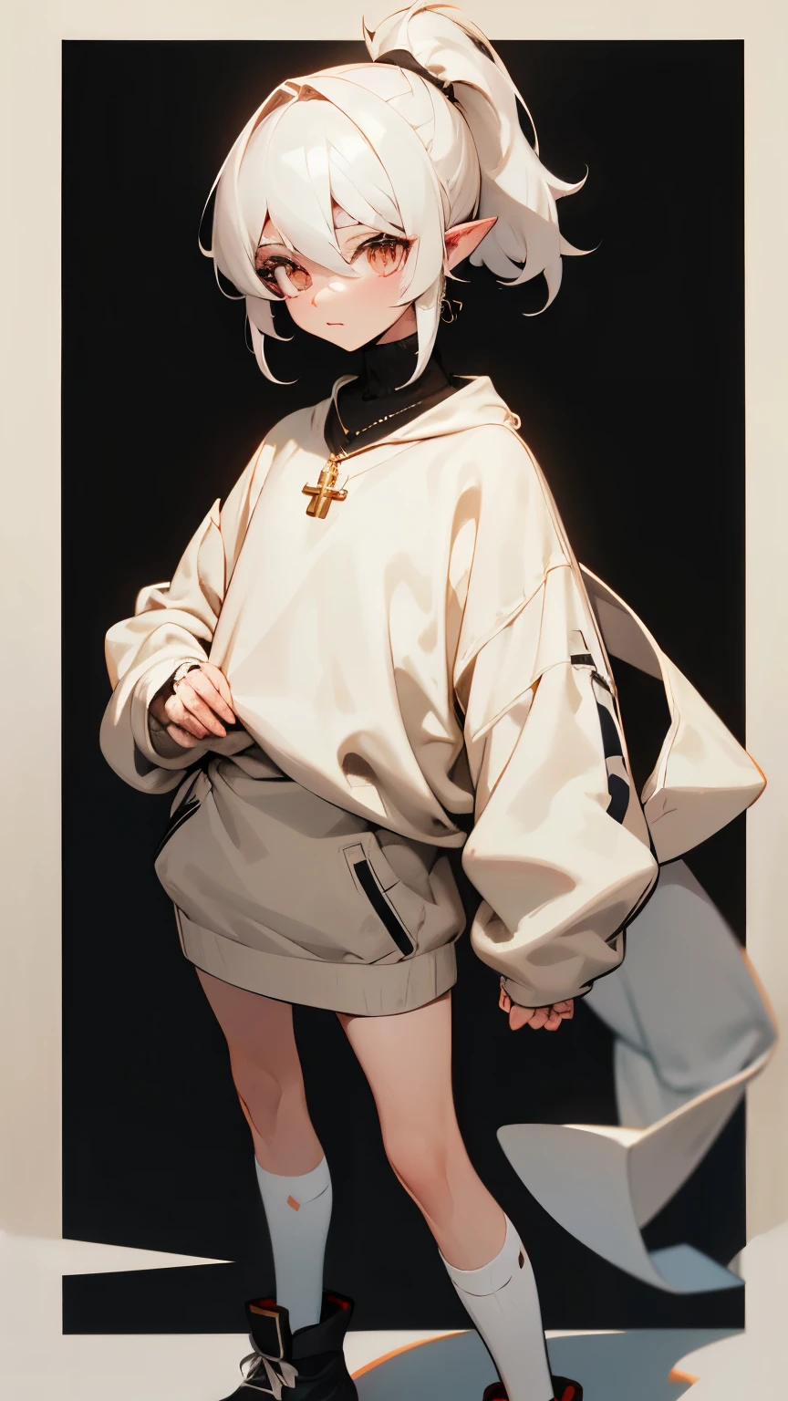 Black and white hair,Golden pupils,High ponytail,pointy ears,Dark eyeshadow,Beige coat,Black chest wrap,Necklace with a cross,There are bandages and scars on it,The lower body is a tracksuit wrapped around the waist,short skirt,White stockings,One long and one short,leg loops,Pink sneakers,standing on your feet,Fold your hands in front of your chest,Royal sister,Slim figure