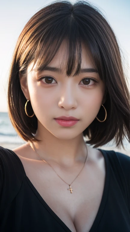 girl, White skin, ((Dark brown short tiered hair)), V cut with layers and bangs, Brown eyes, Soft atmosphere characteristics (Highest quality, Ultra-high resolution, 8k, RAW Photos, Ultra-high resolution: 1.2, masterpiece: 1.3), (Realistic, Realistic: 1.37), Very detailed, Professional Lighting, Photon Mapping, Radio City, 物理ベースレンダring, 一人のgirl, （high school ）, Sharp focus:1.2、Beautiful woman:1.4,cute, Nice, Adorable smile, Normal chest, Cross Necklace、Earrings、ring,(Cleavage)、Selfie, Wearing a white T-shirt, Relaxed pose on the beach, Sunset Beach