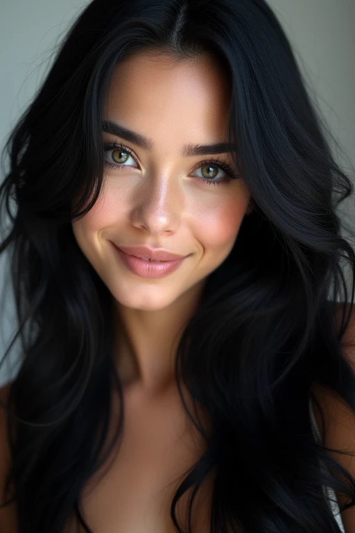 High Resolution, Long Hair, Smile, Black Hair, Blue eyes, gorgeous woman face