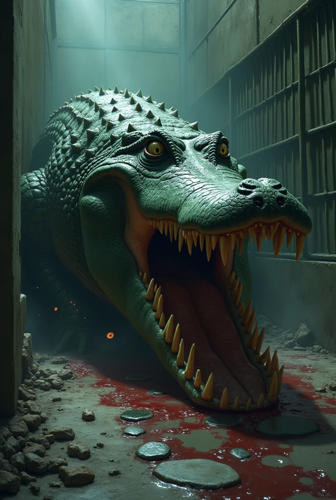 A man is swallowed whole by a large crocodile in prison.