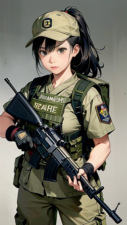 Realistic、Realistic skin texture、Beautiful Japanese women from the US military are standing、Automatic rifle、Box in military warehouse、Automatic rifle、Firearms, etc.. is lined up、Military Box、Bulletproof vest、Afghanistan stole、baseball cap、Backpack、Heavy machinery、tattoo、boots、Staring ahead with a stern expression、、Dynamic action pose、Japanese women