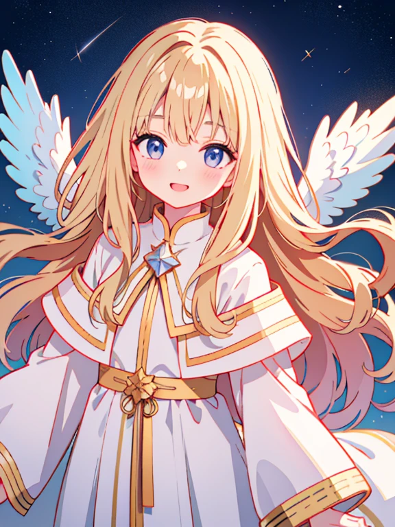 Highest quality、Ultra-high resolution、Highly detailed face、Eye highlights、A girl of about twelve, still with a touch of childishness、Long wavy blonde hair、White Robe、Angel Wings、Starry Sky、smile、Cowboy Shot