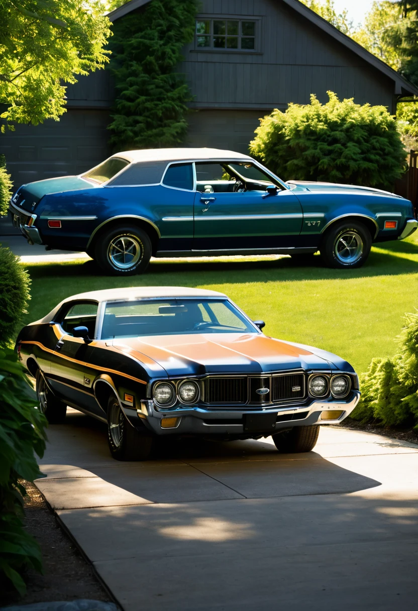 1972 Ford Gran Torino, parked in front of the garage in the garden of an average American family home, summer sunshine, sunlight filtering through the trees illuminating the car, deep shadows, professional camera, professional lighting,