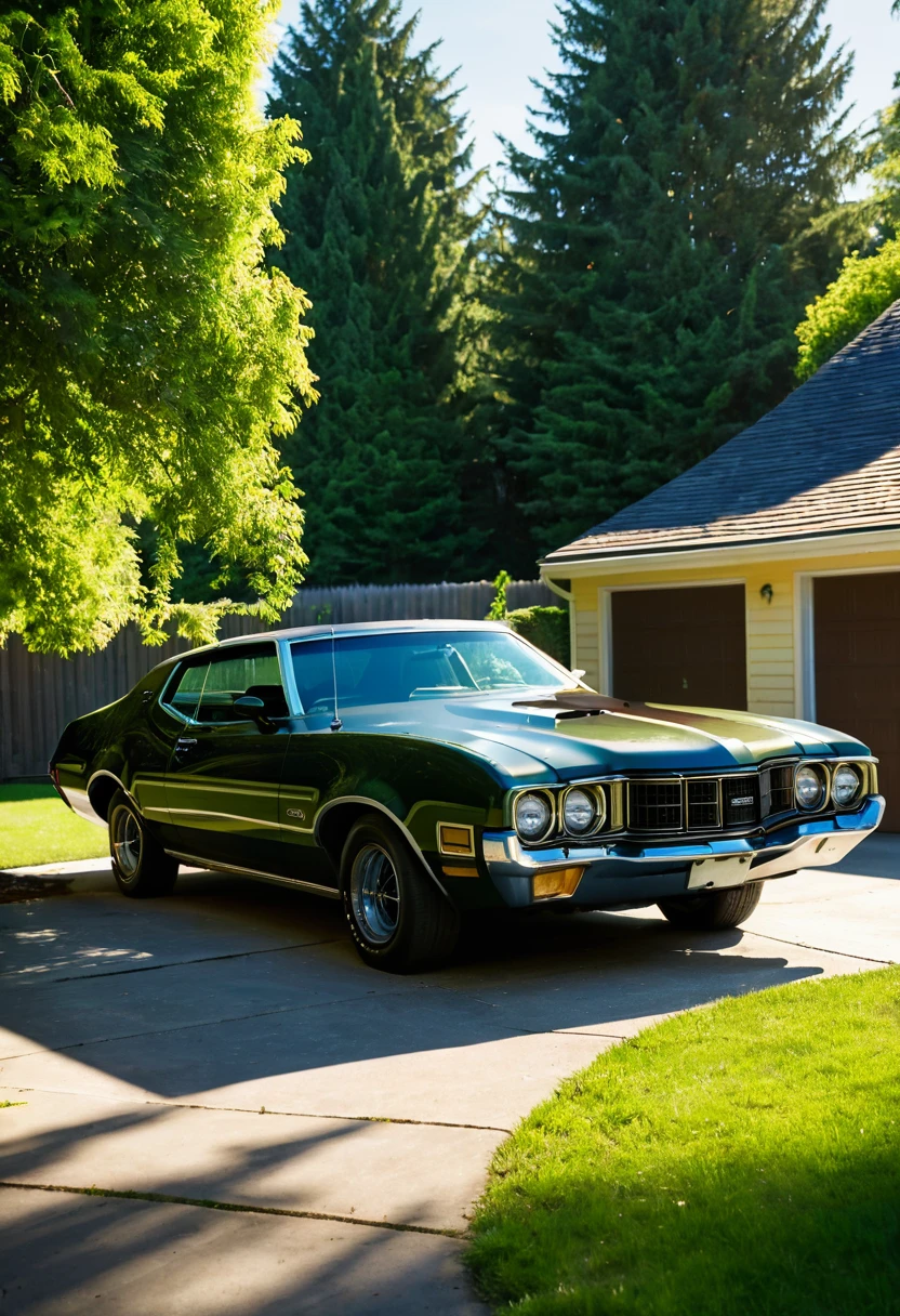 1972 Ford Gran Torino, parked in front of the garage in the garden of an average American family home, summer sunshine, sunlight filtering through the trees illuminating the car, deep shadows, professional camera, professional lighting,