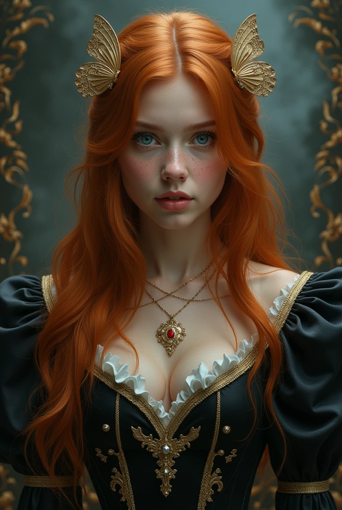 (solo, full body photo:1.3), (action packed:1.3), (haze, fog, mist:1.3), chiaroscuro, best quality, photorealistic, 1woman, (cute), (24yo:1.2), redhead, long ginger hair highly detailed, 1700'S, digital photography, art by artgerm and ruan jia and greg rutkowski surreal painting gold butterfly filigree, broken glass, (masterpiece, sidelighting, finely detailed Fashionable eyes: 1.2) (perfect oval large eyes that gazes at the viewer), beautiful detailed face, blue gorgeous perfect eyes, (blonde hair ponytail), (attractive young woman:1.3), (thick amazing hair), (seductive:1.1), (blushing:1.1)