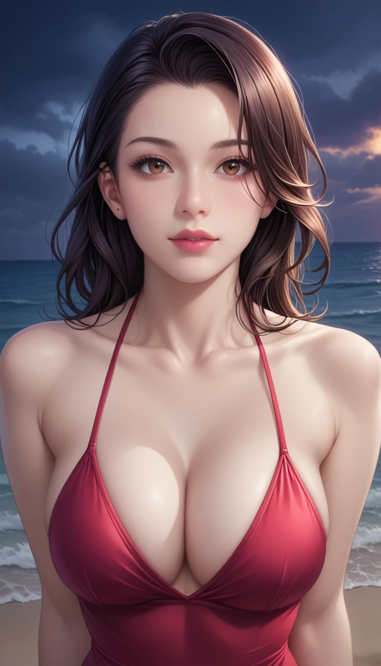 score_9, score_8_superior, score_7_superior, High-resolution CG illustration,A masterpiece in 32K resolution,Highest quality,it is really amazing,Very detailed,Ultra-high resolution,Ultra-realistic,Realistic,Increased depth of field,Cinematic lighting,
Sexy mature Japan woman,
Long black hair,Showing his forehead,Ultra-detailed and beautiful face,Calm and gentle look,Beautiful brown eyes,Translucent white skin,Realistic skin texture,Great proportions,
Elegant red swimsuit,
Simple design,Chic color scheme based on red,Detailed fabric texture,
(Dark overcast sky on a dull night:1.1),(Dark clouds filling the sky:1.1),Thundercloud,Coastline at night,Stormy seas,delay々A desolate sandy beach that continues,
(Beautiful cleavage:1.1),High angle,