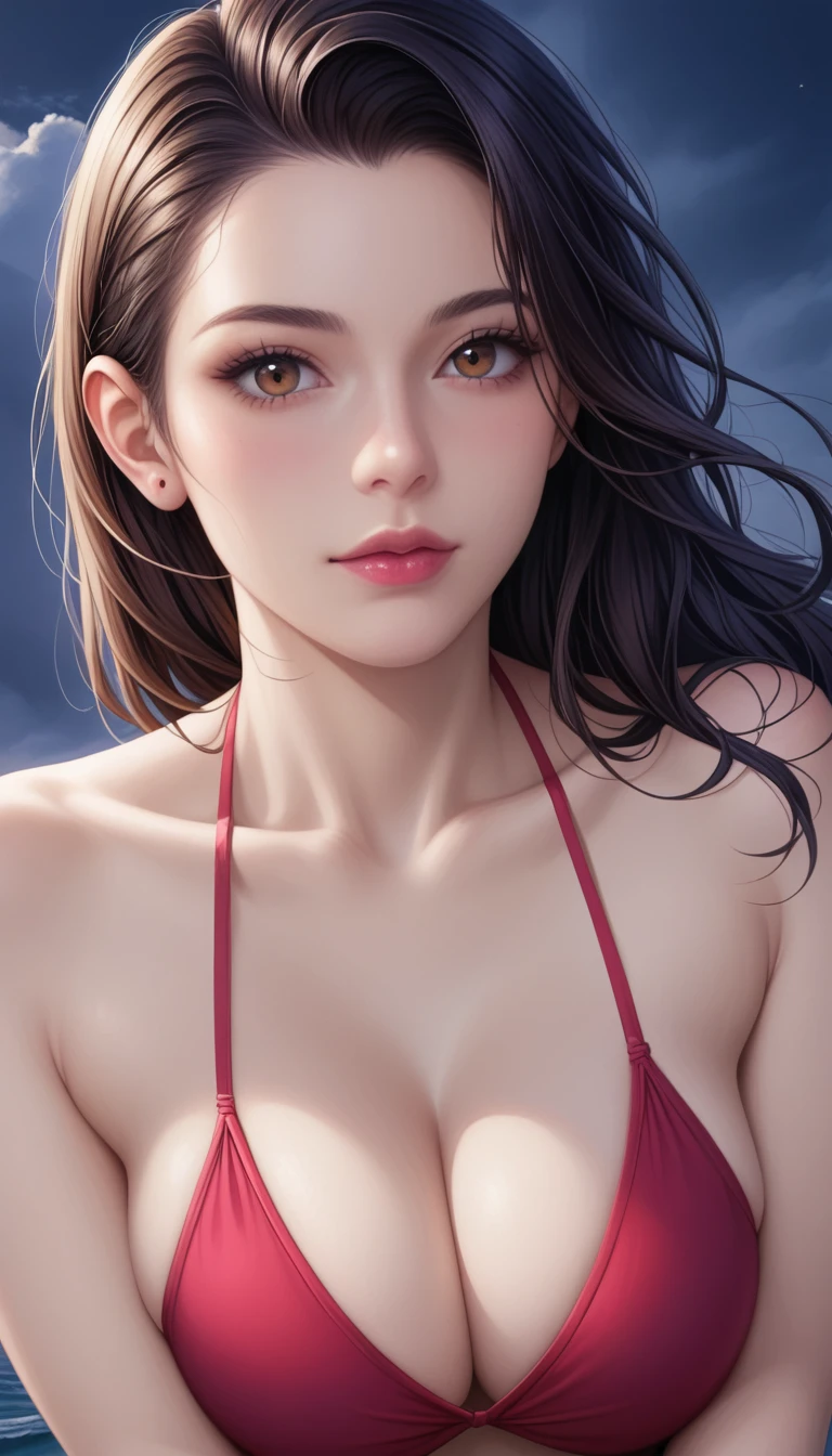 score_9, score_8_superior, score_7_superior, High-resolution CG illustration,A masterpiece in 32K resolution,Highest quality,it is really amazing,Very detailed,Ultra-high resolution,Ultra-realistic,Realistic,Increased depth of field,Cinematic lighting,
Sexy mature Japan woman,
Long black hair,Showing his forehead,Ultra-detailed and beautiful face,Calm and gentle look,Beautiful brown eyes,Translucent white skin,Realistic skin texture,Great proportions,
Elegant red swimsuit,
Simple design,Chic color scheme based on red,Detailed fabric texture,
(Dark overcast sky on a dull night:1.1),(Dark clouds filling the sky:1.1),Thundercloud,Coastline at night,Stormy seas,delay々A desolate sandy beach that continues,
(Beautiful cleavage:1.1),High angle,