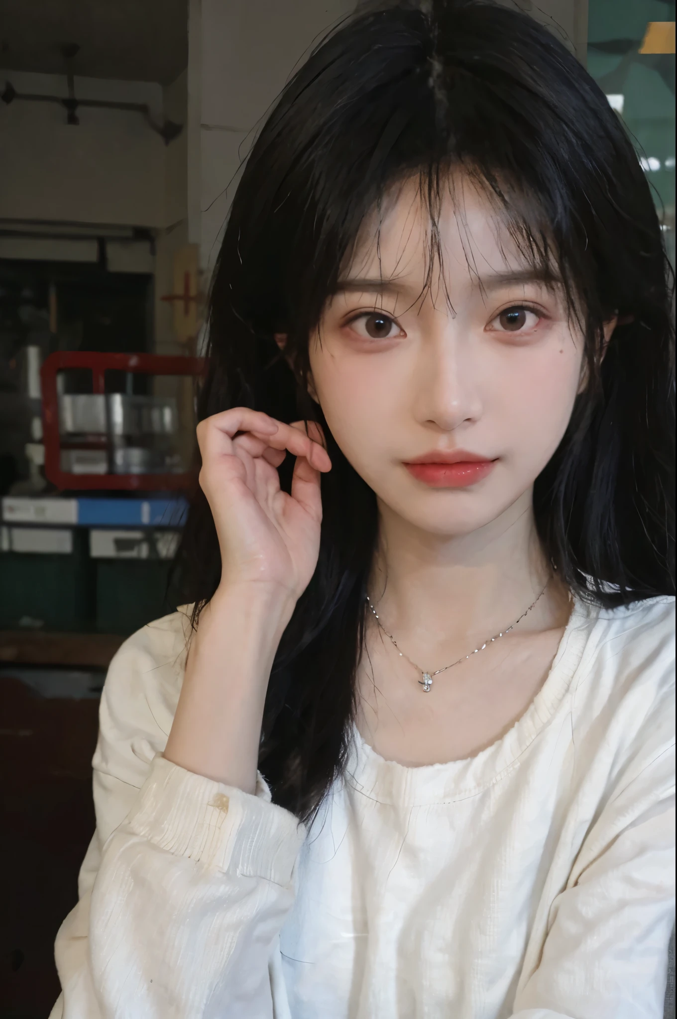 Best quality,Ultra-high resolution,(Realism:1.4),Cute hairpins,girll,Cropped black sweater,Look directly at the audience,Full of atmosphere,Beautiful woman with a slim figure:1.4,supermarket,whole body,Super delicate face,Exquisite eyes,Double eyelids,necklace