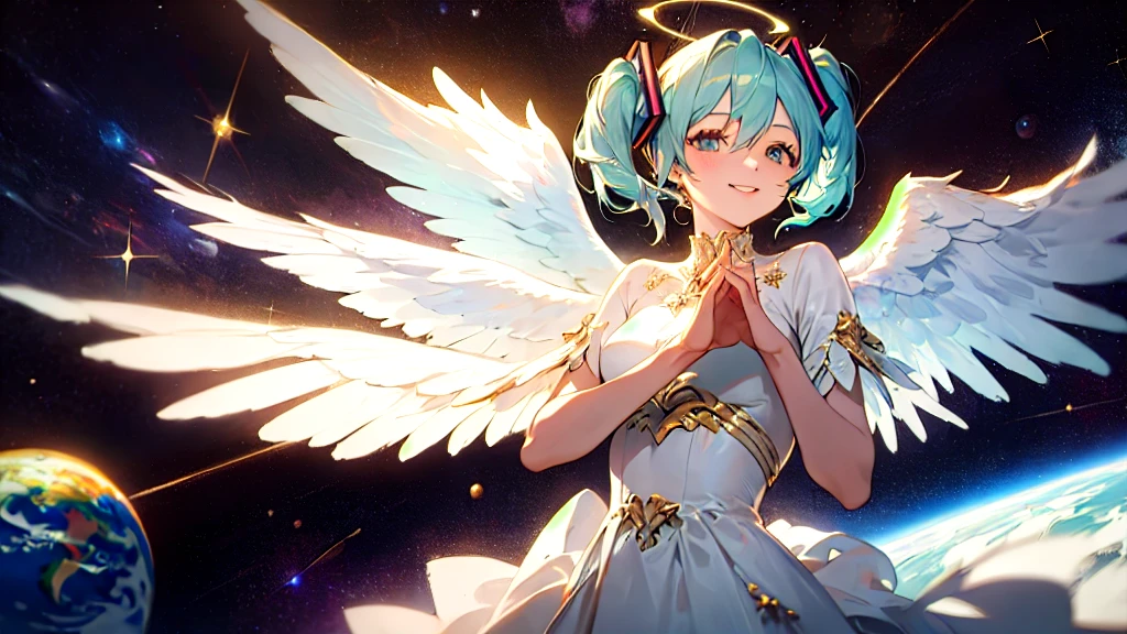 masterpiece, Highest quality, big　hatsune miku,smile, White gown, Angel, Angel wings, Golden halo, Space Background, Upper Body,Small Earth,embrace the earth with both hands, Looking at the Earth