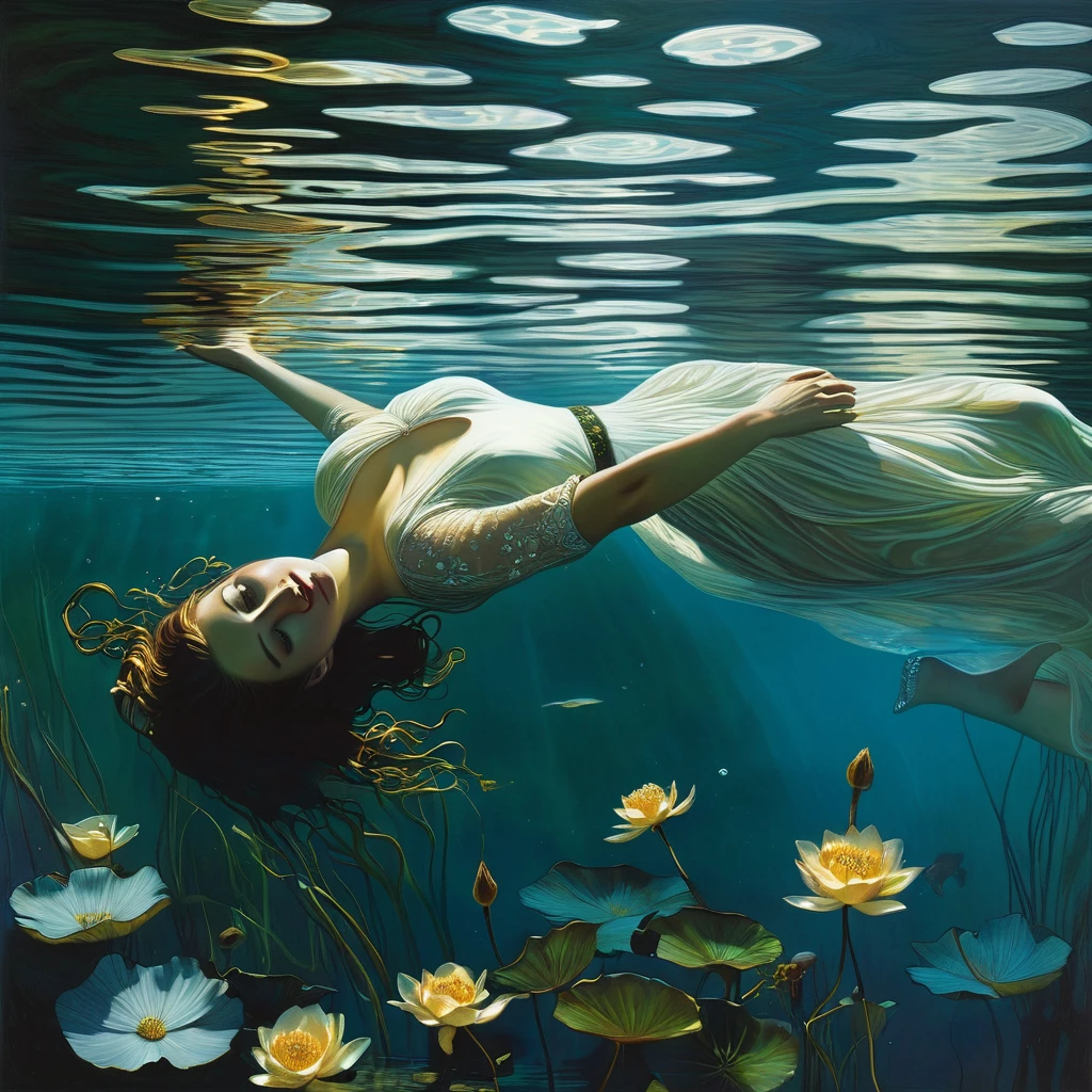 picture of a woman, drowning in a body of water, Ophelia, floating drowning, nymph in water, drowning in water, woman drowning, brad cankle elson peter, brad cankle detail, cory loftis, aron wisenfeld dark fantasy, aron wisenfeld, floating underwater in a lake, tom bagshaw donato giancola