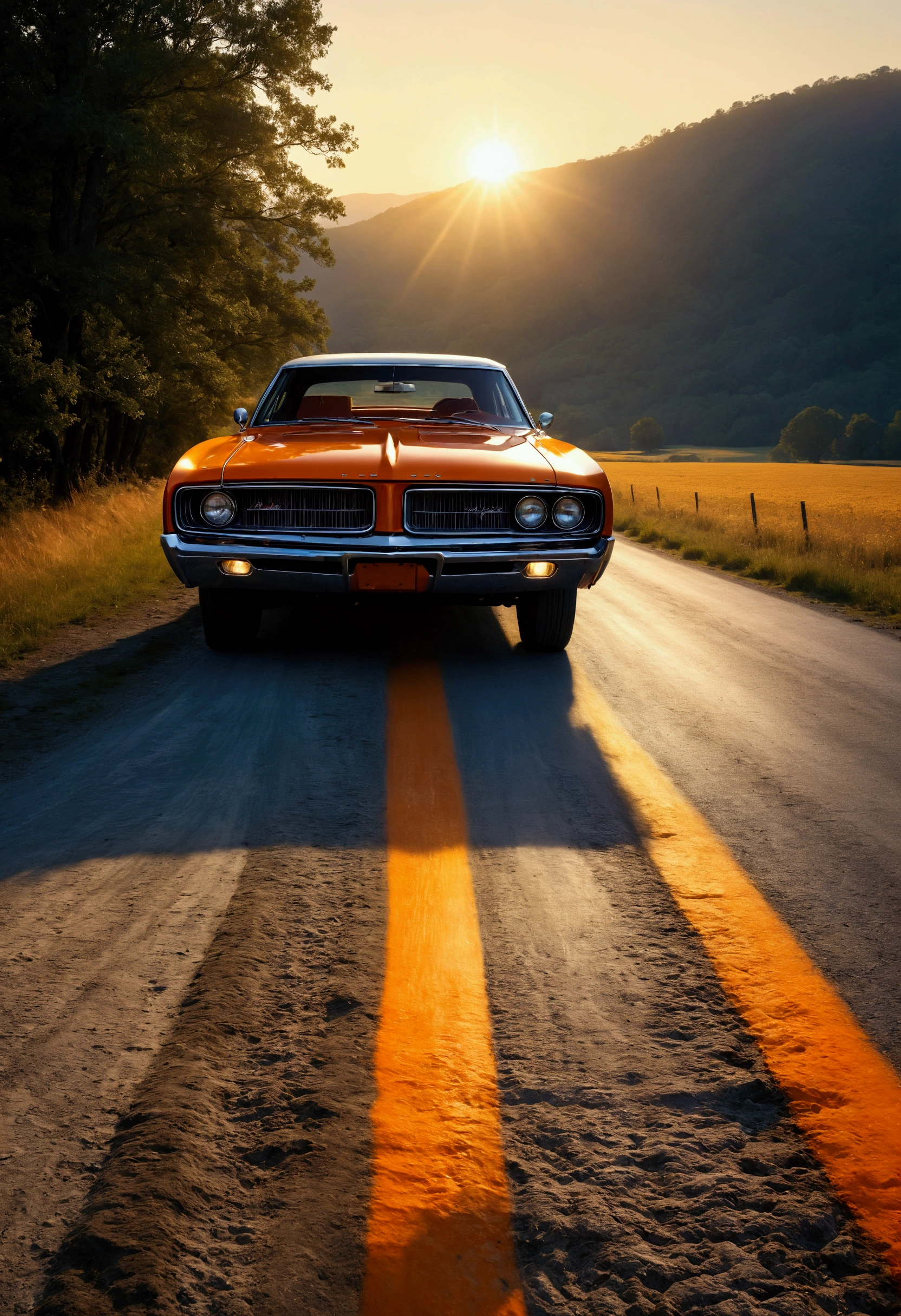 Capture an award-winning, ultra-realistic, 70s-style analog color photograph of 'The General Lee,' the iconic orange 1969 Dodge Charger from The Dukes of Hazzard, parked on a rural American road during the golden hour, viewed from the side. The car's sleek profile and distinctive design should be showcased with extraordinary detail, highlighting its vibrant orange paint glowing warmly in the soft, nostalgic light of the setting sun. The landscape should be meticulously captured, featuring a perfect rural backdrop with gently rolling hills, rustic barns, and weathered fences, all bathed in the rich, golden light of late afternoon. The weather is ideal, with a clear sky and the sun casting long, warm shadows across the scene. The photograph should embody the essence of 70s analog color photography, with a grainy texture that adds a soft, dreamy quality, evoking a sense of nostalgia. The composition should be carefully balanced, ensuring every element—from the car’s iconic design to the serene landscape—is captured in sharp focus, creating a visually stunning, timeless image that celebrates both the beauty of classic American muscle cars and the rural landscape.