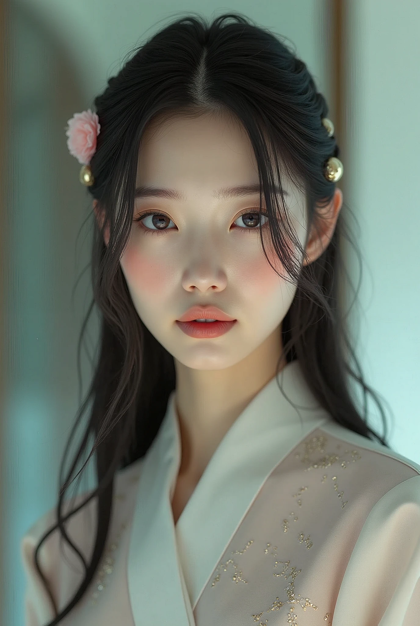 Create a description for a female model with distinct Asian features. She has a smooth, porcelain complexion, almond-shaped eyes, and long, sleek hair. Her look combines traditional elegance with a modern, futuristic touch, showcasing advanced AI-inspired aesthetics such as a subtle, otherworldly glow and cutting-edge fashion elements."