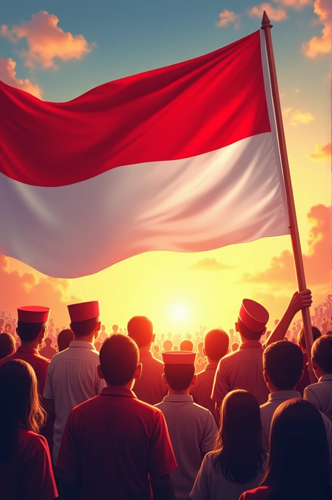 make poster, freedom day Indonesia 79th with red and white flag and everyone respect at flag 