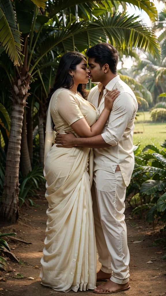 A 45 year old plus sized beautiful South Indian mom wearing cream colour chiffon saree hugging and kissing on lips on a 20 year old man, in a plantation ,full body image
