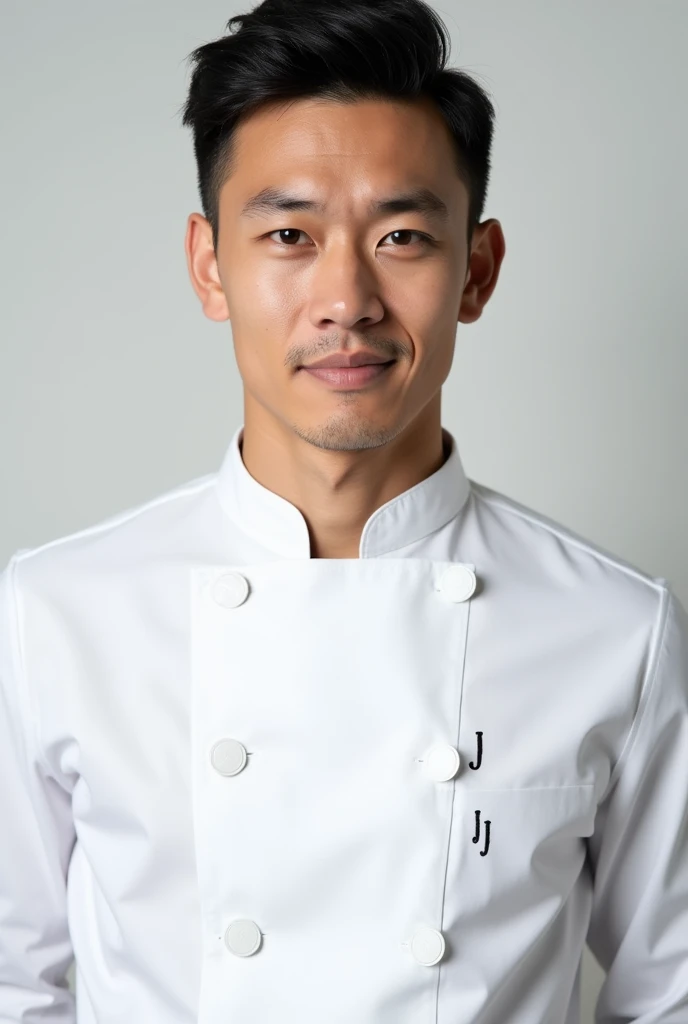 Photo of a young man from neck to chest wearing a stylish white chef's uniform with white buttons embroidered with “JJ” in black letters.