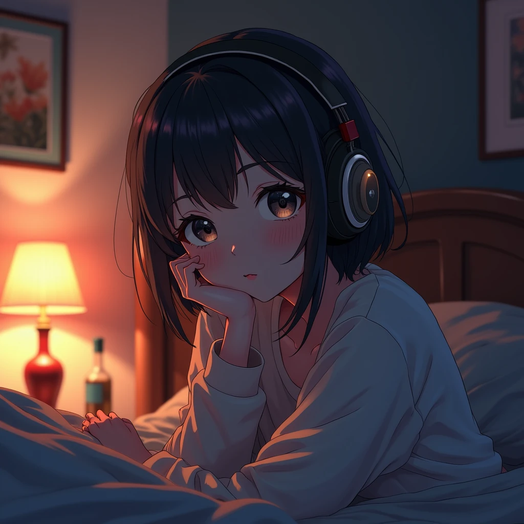 a girl in a cozy room listening to music at night, wearing headphones, 2D anime style, lo-fi, detailed background, cinematic lighting, soft colors, beautiful detailed eyes, beautiful detailed lips, extremely detailed face, elegant pose, warm atmosphere, glowing desk lamp, retro aesthetic, beautiful detailed ears, realistic textures, detailed shadows, detailed highlights, vibrant colors, dreamlike mood, photorealistic, (best quality,8k,highres,masterpiece:1.2),ultra-detailed,(realistic,photorealistic,photo-realistic:1.37)