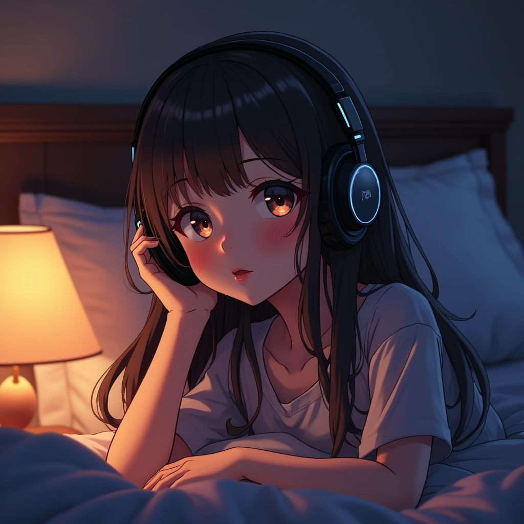 a girl in a cozy room listening to music at night, wearing headphones, 2D anime style, lo-fi, detailed background, cinematic lighting, soft colors, beautiful detailed eyes, beautiful detailed lips, extremely detailed face, elegant pose, warm atmosphere, glowing desk lamp, retro aesthetic, beautiful detailed ears, realistic textures, detailed shadows, detailed highlights, vibrant colors, dreamlike mood, photorealistic, (best quality,8k,highres,masterpiece:1.2),ultra-detailed,(realistic,photorealistic,photo-realistic:1.37)