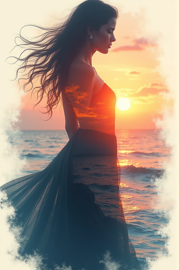 high quality, 8K Ultra HD, A beautiful double exposure that combines an goddess silhouette with sunset coast, sunset coast should serve as the underlying backdrop, with its details incorporated into the goddess , crisp lines, The background is monochrome, sharp focus, double exposure, by yukisakura, awesome full color,