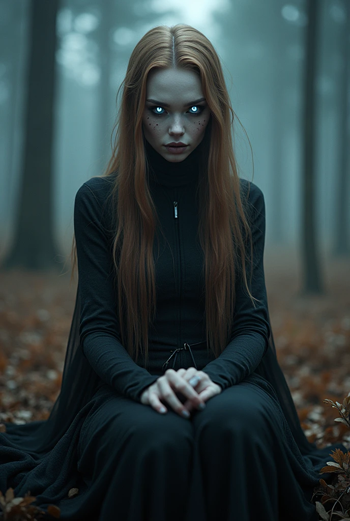 Fashionable of androgynous alien looking witch, glowing eyes, beautiful evil slavic muscular woman, pale skin, long light brown hair, light smile, futuristic design, minimal details, givenchy, photoreal, 200mm, hd, f/ 2.0, sitting in a gloomy spruce forest, highly detailed, surreal , drop dead, in the style of red and blue, (intricate details, hyperdetailed:1.15) (skin texture:1.2), cinematic, professional, 4k, (((dynamic model pose))), full body, mesmerizing, dynamic, dramatic, sensual, dynamic pose, highly detailed skin with hair, subcutaneous veins, light and shadow play, highly detailed,24mm photograph, film, bokeh, professional, 4k,