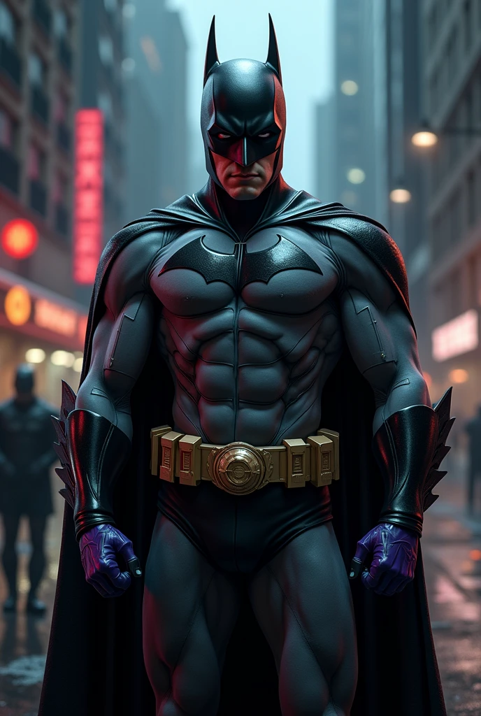 batman in 1939 style with purple gloves. Photo realistic