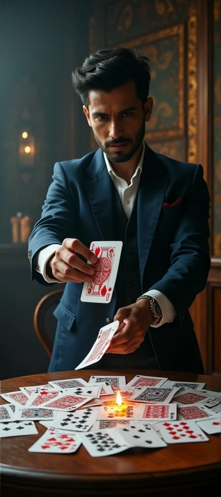 Floating card trick in a fantasy world, Antique wooden table,Playing cards are arranged on the table,Cinematic lighting with dramatic shadows, Exquisite details、Atmosphere, Rich colors and masterpiece-level realism, Detailed 8K HDR images.Modern clothing,Indian handsome,