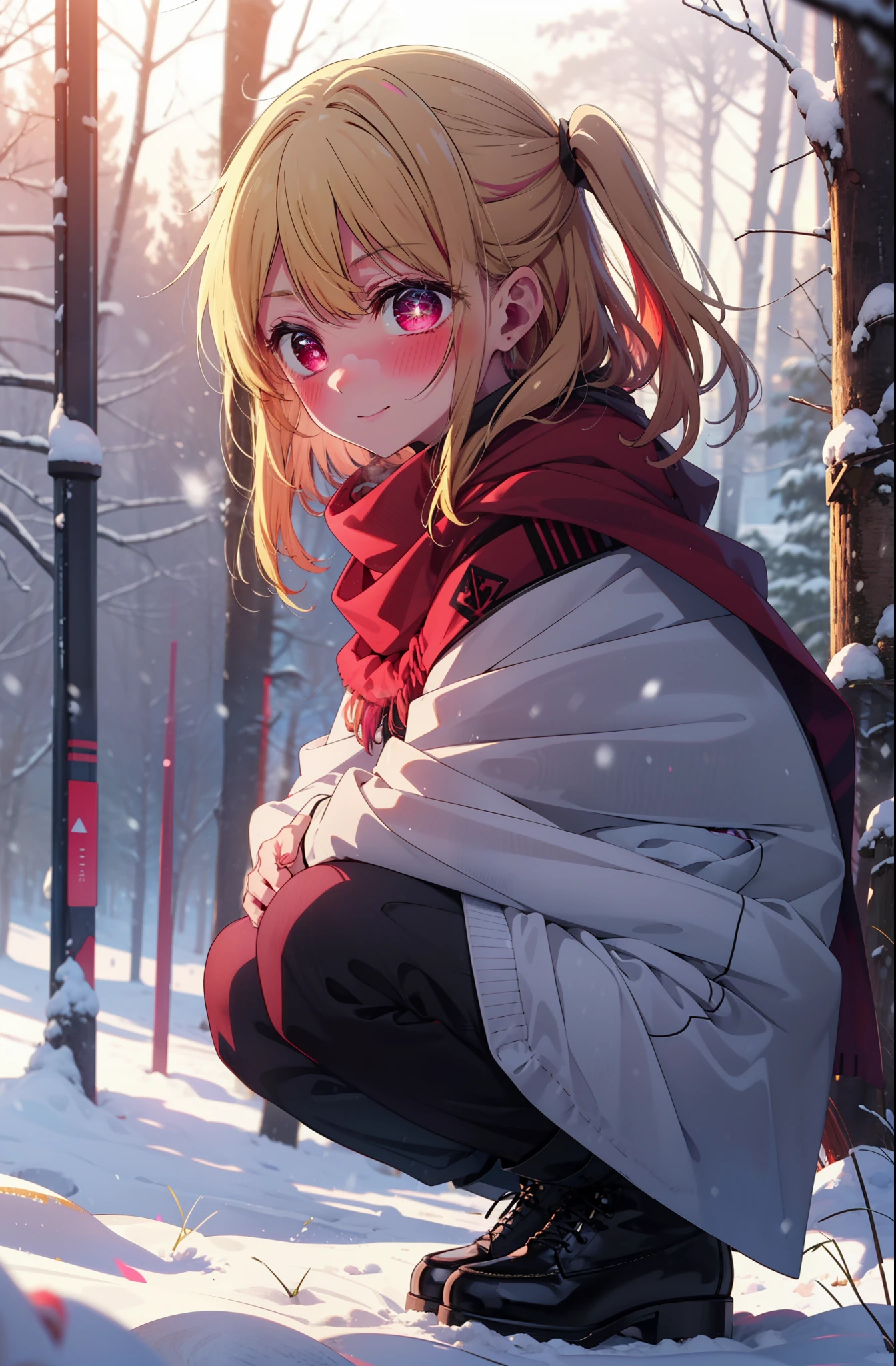 rubyhoshino, Hoshino Ruby, Long Hair, bangs, Blonde, (Pink Eyes:1.3), Side Lock, (Symbol-shaped pupil:1.5), Multicolored Hair, Two-tone hair, smile,,smile,blush,white breath,
Open your mouth,snow,Ground bonfire, Outdoor, boots, snowing, From the side, wood, suitcase, Cape, Blurred, , forest, White handbag, nature, Squat, Mouth closed, Cape, winter, Written boundary depth, Black shoes, red Cape break looking at viewer, Upper Body, whole body, break Outdoor, forest, nature, break (masterpiece:1.2), Highest quality, High resolution, unity 8k wallpaper, (shape:0.8), (Beautiful and beautiful eyes:1.6), Highly detailed face, Perfect lighting, Highly detailed CG, (Perfect hands, Perfect Anatomy),