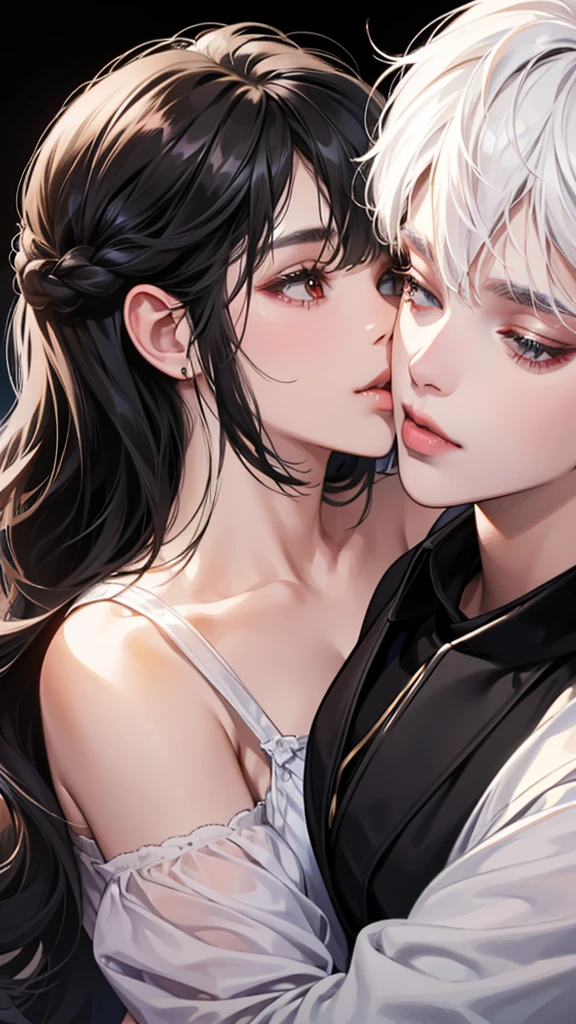 8k, masterpiece, best quality, highly detailed, kissing, white short hair demon girl kissing long black hair demon girl.