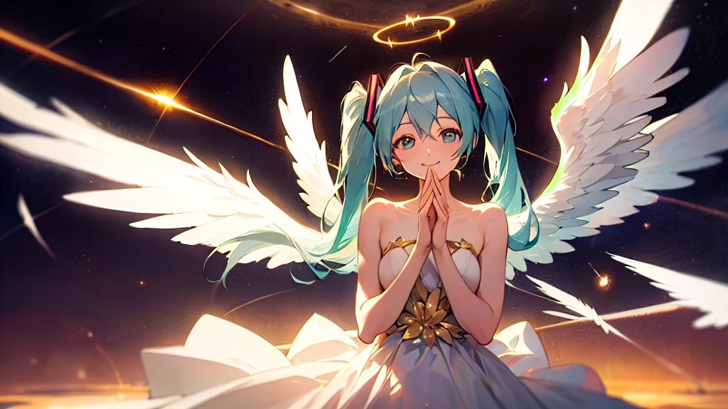 masterpiece, Highest quality, big hatsune miku,smile, White gown, Angel, Angel wings, Golden halo, Space Background, Upper Body,Small Earth,embrace the earth with both hands, Looking at the Earth