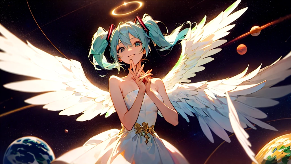 masterpiece, Highest quality, big　hatsune miku,smile, White gown, Angel, Angel wings, Golden halo, Space Background, Upper Body,Small Earth,embrace the earth with both hands, Looking at the Earth