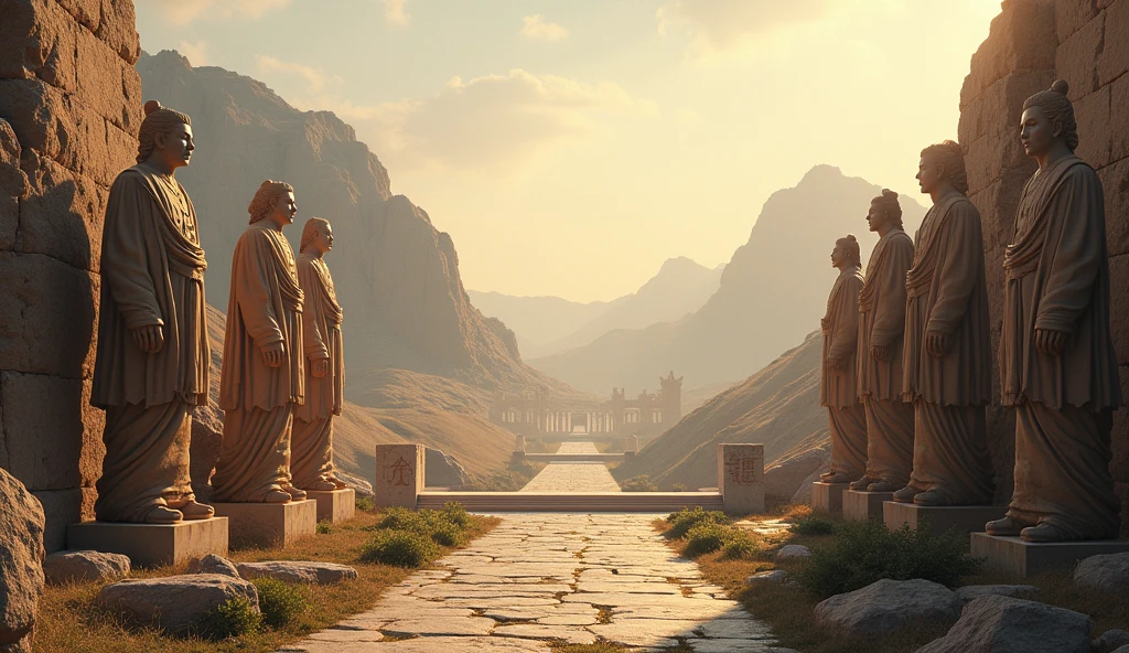 Design a scene reflecting on the legacies left behind by both leaders. On the left, show Alexander the Great's conquests depicted through statues and ancient ruins, representing the enduring impact of his empire despite his early death. On the right, illustrate Emperor Qin Shi Huang's legacy through the Great Wall and the Terracotta Army, standing resilient despite his personal failures. The background should feature a blend of light and shadow, symbolizing how their legacies continue to endure despite their personal tragedies