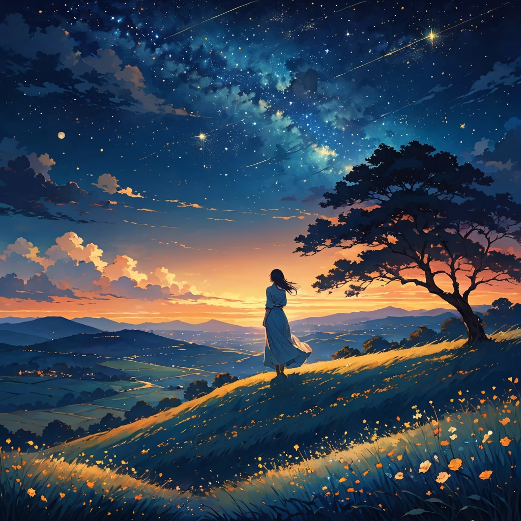 A serene and emotional scene set under a sky full of stars. A lone figure stands in an open field or on a quiet hill, gazing up at the vast, starry sky. The night is calm, and the sky is filled with countless bright stars, creating a sense of wonder and tranquility. The figure’s posture and expression convey deep emotions, such as longing, love, or contemplation. The atmosphere is peaceful and introspective, with the starry sky symbolizing endless possibilities and the vastness of emotions. The scene feels both intimate and expansive, capturing the beauty of the night and the depth of the person’s feelings