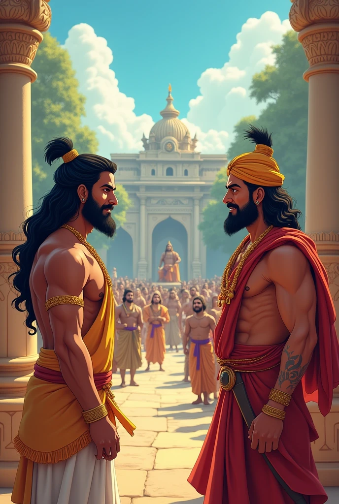 In cinematric cartoon style"एक समयको कुरा हो, जब पाण्डव र कौरवहरूको युग थियो। द्रुपद नामक राजा र उनका मित्र द्रोणाचार्य थिए।"द्रोणाचार्यलाई आफ्नो शिक्षाको माध्यमबाट अनेक शिष्य प्राप्त भएका थिए, तर एक दिन द्रोणाचार्यलाई द्रुपदसँग सम्बन्धित दुःख परेको थियो।"द्रुपद, जो एक समय द्रोणाचार्यको साथी थियो, अहिले राज्यको राजा बनेको थियो।"द्रोणाचार्यको एक बेतन भएको इच्छा थियो। उनले द्रुपदसँग सहयोग मागे, तर द्रुपदले अस्वीकार गरिदिए। यस घटनाले द्रोणाचार्यलाई गहिरो दुःख र पीडा पुर्यायो।"भगवान कृष्ण, जो पाण्डवहरूको मित्र र संरक्षक थिए, यो परिस्थितिमा ज्ञान र समाधान ल्याउन मद्धत गर्न आए। भगवान कृष्णले द्रोणाचार्यलाई धैर्य राख्न र आफ्नो पथमा अडिग रहन सल्लाह दिए। कृष्णले भने, "तपाईंको आत्मा र धर्मको कर्ममा विश्वास राख्नुहोस्। अनावश्यक क्रोध र द्वेषलाई त्याग्नुहोस्।"समय बित्दै गयो र द्रुपद र द्रोणाचार्य बीचको द्वन्द्व कम हुँदै गयो। भगवान कृष्णको बुद्धिमत्ता र धैर्यताको मद्धतले द्रोणाचार्यलाई पुनः सम्मान प्राप्त गर्नमा सहयोग पुर्यायो।"
