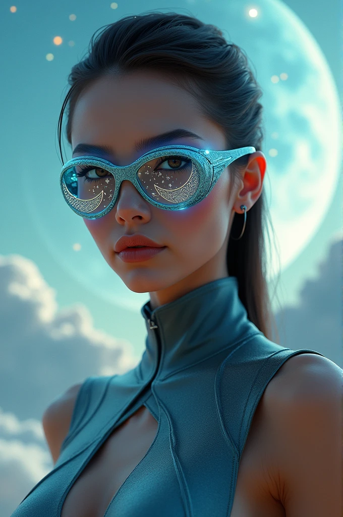 The model is wearing glass sunglasses with stars and the moon on the glass