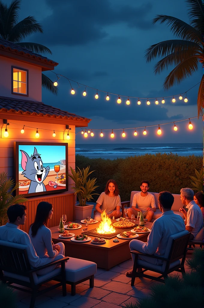 A beautiful backyard dinner at night with barbecue foods and sofas, A tv screen watching tom and jerry, at beachfront view