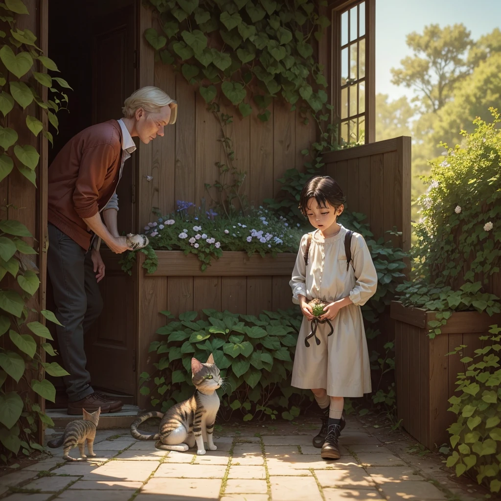 Scene 1:
Bill walked to the garden and heard the kitten's cries. He looked around and saw a little kitten under a bush.
Bill: (easy) "Oh... little one, what's wrong??"
Bill saw that the kitten was bitten by a snake on its leg. It was pitiful and in great pain.