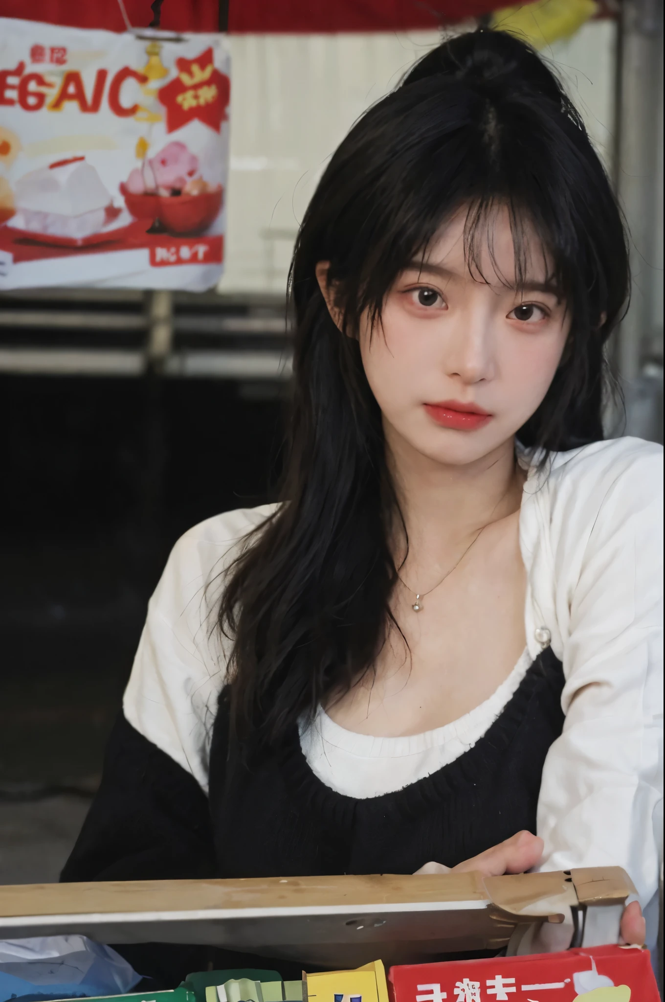 Best quality,Ultra-high resolution,(Realism:1.4),Cute hairpins,girll,Cropped black sweater,Look directly at the audience,Full of atmosphere,Beautiful woman with a slim figure:1.4,supermarket,whole body,Super delicate face,Exquisite eyes,Double eyelids,necklace