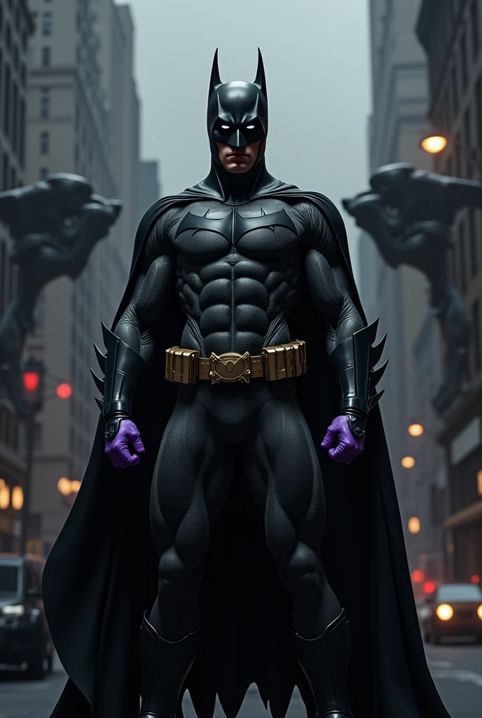 batman in 1939 style with purple gloves. Photo realistic