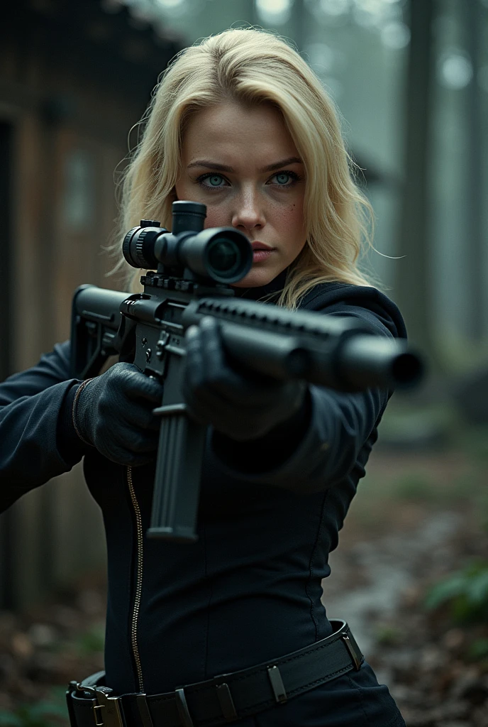 Une heroine, espionne blonde aux yeux bleu manipulant un fusil a lunette