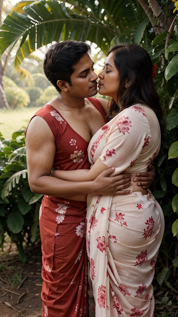 A 45 year old plus sized beautiful South Indian mom wearing red flowers printed cream colour chiffon saree hugging and kissing on lips on a 20 year old man, in a plantation ,full body image