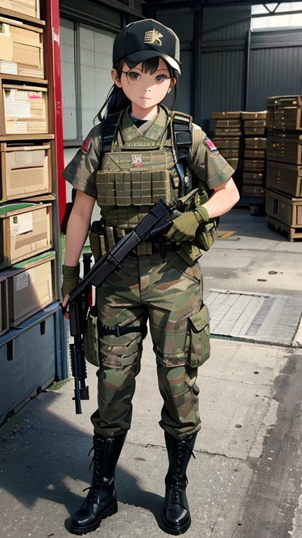 Realistic、Realistic skin texture、Beautiful Japanese women from the US military are standing、Automatic rifle、Box in military warehouse、Automatic rifle、Firearms, etc.. is lined up、Military Box、Bulletproof vest、Afghanistan stole、baseball cap、Backpack、Heavy machinery、tattoo、boots、Staring ahead with a stern expression、、Dynamic action pose、Japanese women