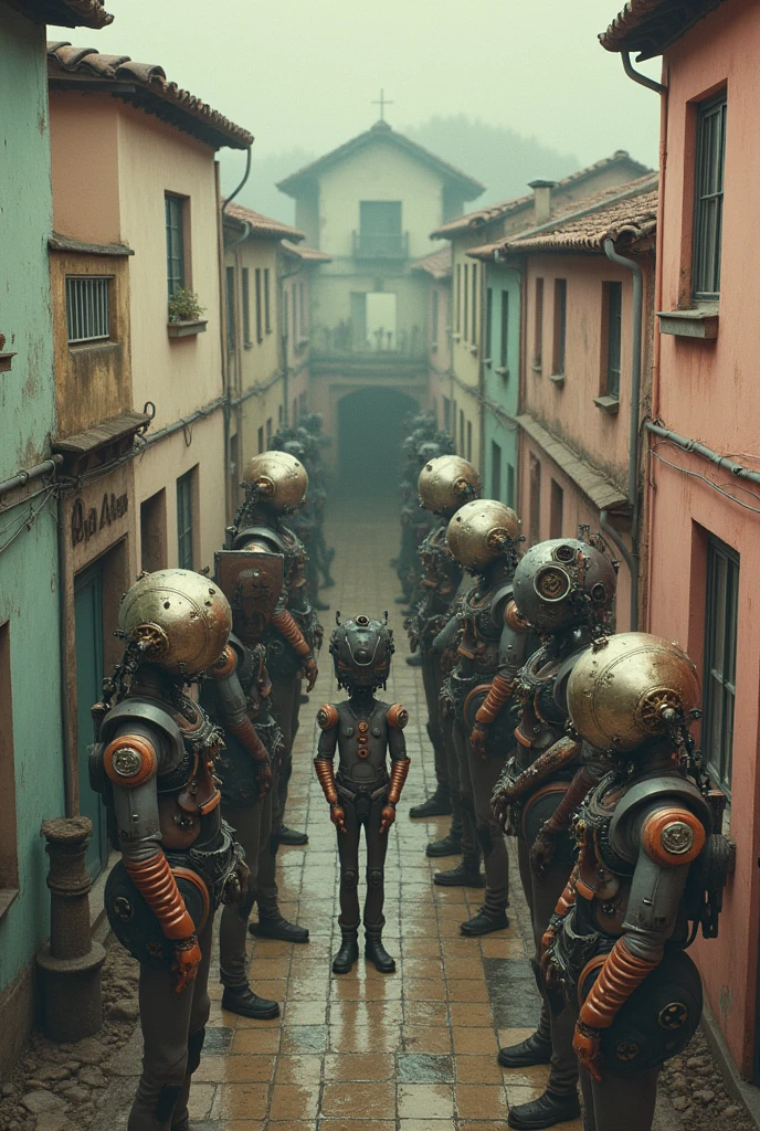 a group of creature with head made of gear gathering, old town, pastel colors, surreal atmosphere, weirdcore, raw photo, film grain, top-down aerial view