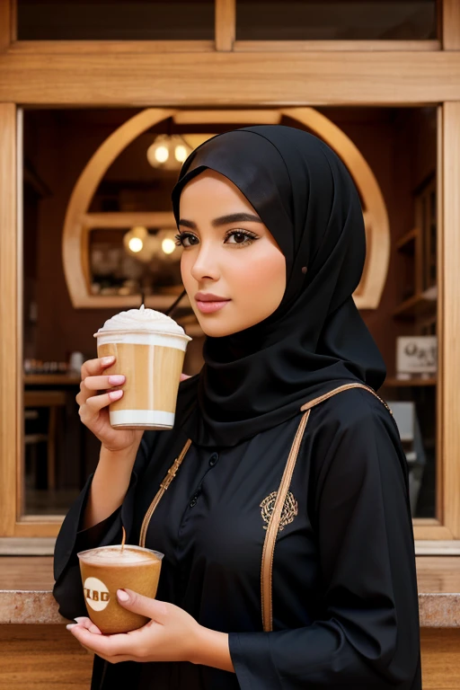 create hd poster for Te amo Cafe with background as abaya weared arabic girls drinking cuppuccino