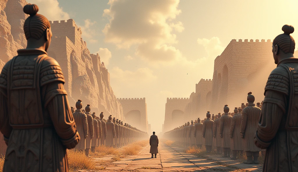 Design a scene reflecting on the legacies left behind by both leaders. On the left, show Alexander the Great's conquests depicted through statues and ancient ruins, representing the enduring impact of his empire despite his early death. On the right, illustrate Emperor Qin Shi Huang's legacy through the Great Wall and the Terracotta Army, standing resilient despite his personal failures. The background should feature a blend of light and shadow, symbolizing how their legacies continue to endure despite their personal tragedies