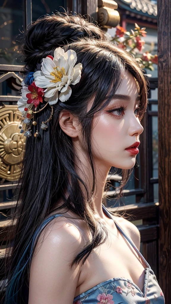 1girl, solo, hair ornament, flower, hair flower, makeup, blue hair, eyelashes, black hair, eyeshadow, lips, profile, parted lips, chinese clothes, red lips, bare shoulders, upper body, lipstick, Chinese courtyard background,best quality,4k quality,