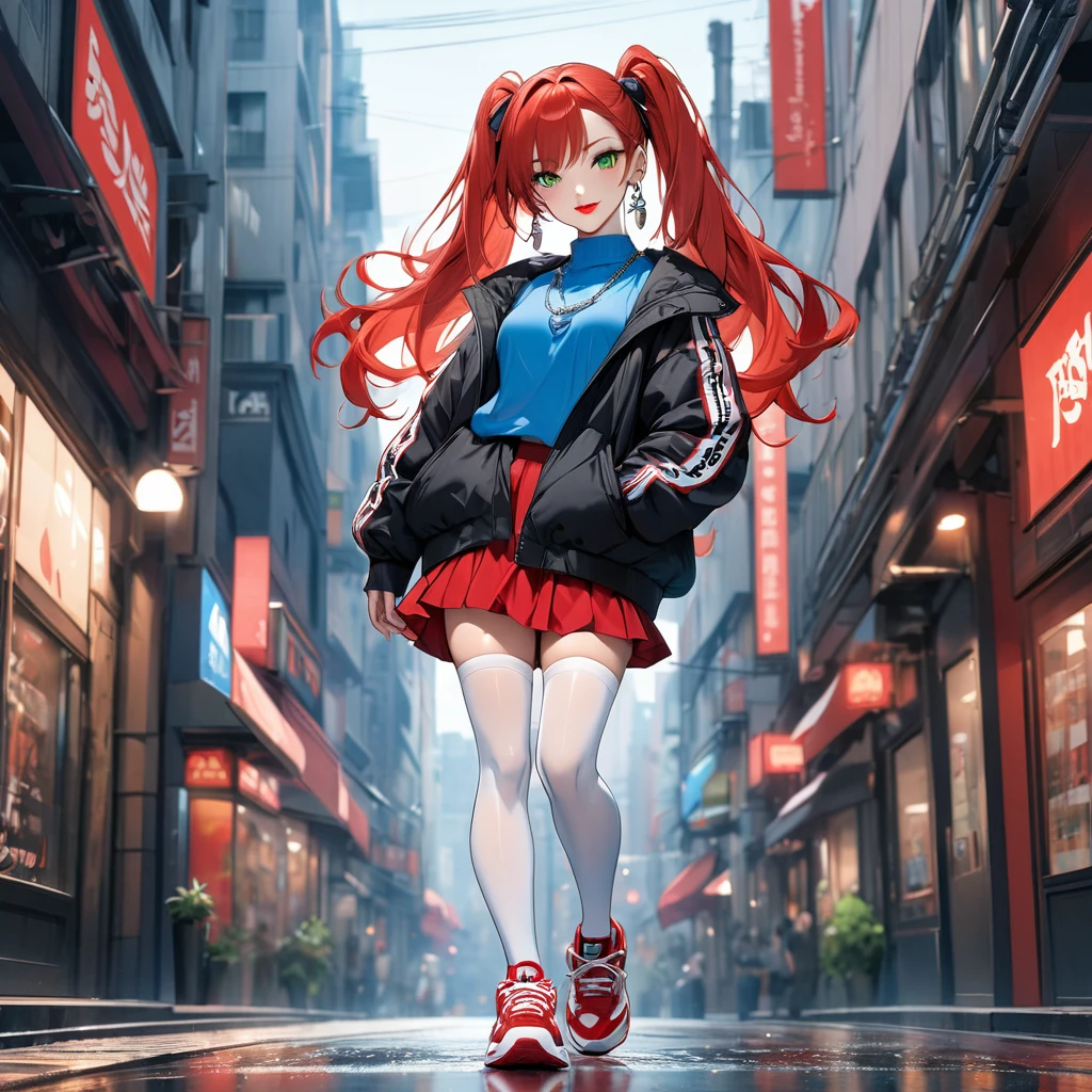 ((masterpiece, best quality, expressive eyes, perfect face, 8k_wallpaper, extremely detailed eyes, extremely detailed body)), 1Woman, red hair, long hair, twintail hair, green eyes, a perfect face, the perfect body, small breastes, sports body, short stature, solo, Detailed eyes and face, makeup, ((red-lips:1.3)), earings, ear piercings, a blue shirt, ruffled red skirt, black puffy jacket, white thighhighs, sports sneakers, Clavicles only, chain necklace, city street background, by Amano Akira, ((full body:1.5)), looking at viewer, elegant smile