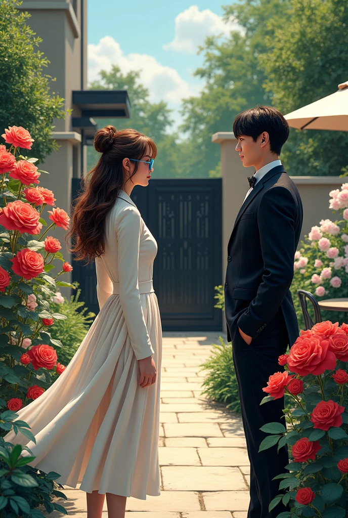 A garden full of roses, orchids, different varieties of flower in which one female with long frock suit and dark brown hair messy bun and blue colour specs is talking with one male wearing black suit but their face is not visible.  They are facing the bunch of red rose plant and standing a bit far from each other. Beside them there is a table with chair and umbrella. Behind them there is beautiful modern house with luxury back gate and black colour bunglow 
