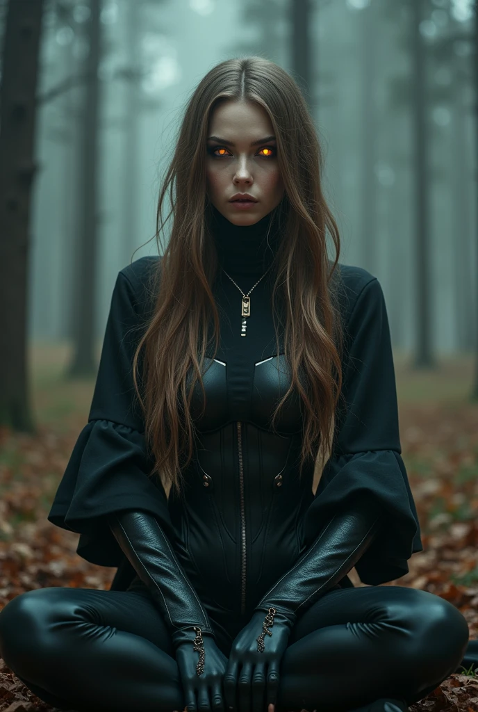 Fashionable of androgynous alien looking witch, glowing eyes, beautiful evil slavic muscular woman, pale skin, long light brown hair, light smile, futuristic design, minimal details, givenchy, photoreal, 200mm, hd, f/ 2.0, sitting in a gloomy spruce forest, highly detailed, surreal , drop dead, in the style of red and blue, (intricate details, hyperdetailed:1.15) (skin texture:1.2), cinematic, professional, 4k, (((dynamic model pose))), full body, mesmerizing, dynamic, dramatic, sensual, dynamic pose, highly detailed skin with hair, subcutaneous veins, light and shadow play, highly detailed,24mm photograph, film, bokeh, professional, 4k,